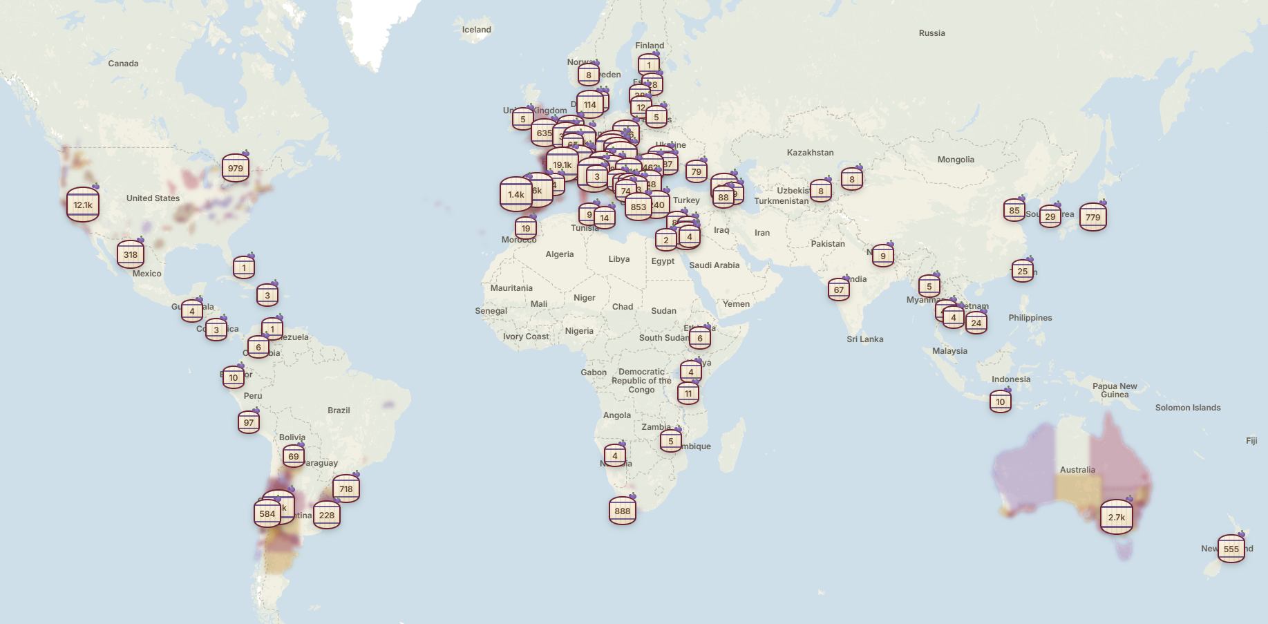 World Winery Map: 104.330 cantine in 90 Paesi.